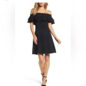 Eliza J Navy Midi Dress with Ruffled Neckline